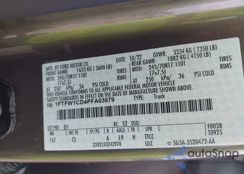 2023 Ford F-150 Xl из США, поврежденный, VIN 1FTFW1CD4PFA03679